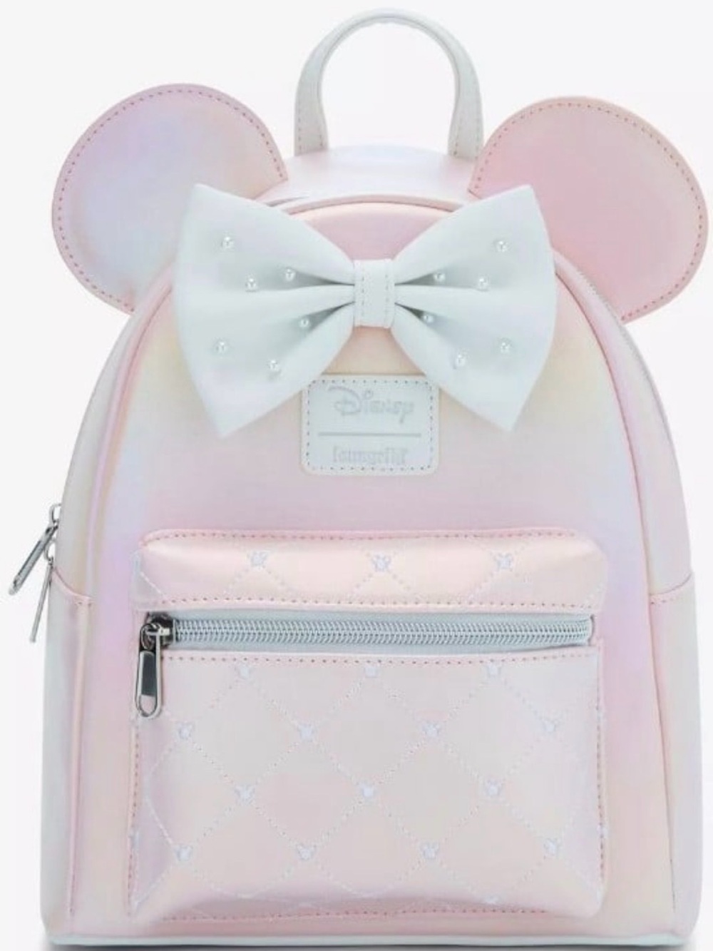 Disney Pink Pearl Iridescent Minnie Mouse Mini Backpack with White Bow